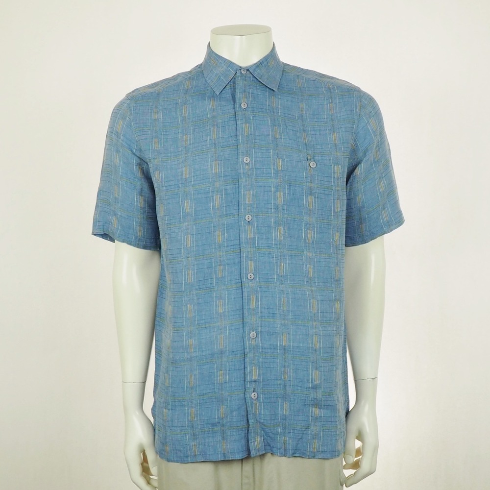 Jhane Barnes Button Down Shirt Mens Medium Blue Striped 100% Linen Woven Blend